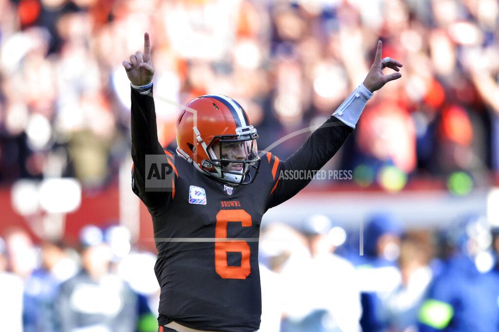 David Richard Cleveland Browns quarterback Baker Mayfield celebrates a 3-yard touchdown by running back Nick Chubb during the second half of an NFL football game against the Seattle Seahawks, Sunday, Oct. 13, 2019, in Cleveland. (AP Photo/David Richard)