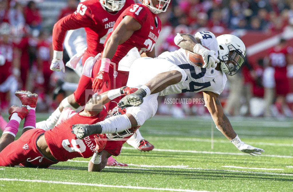 Doug Mcschooler Indiana defensive back Jonathan Crawford (9) tackles Penn State running back Miles Sanders (24) as he rushes the ball up field during the first half of an NCAA college football game Saturday, Oct. 20, 2018, in Bloomington, Ind. (AP Photo/Doug McSchooler)