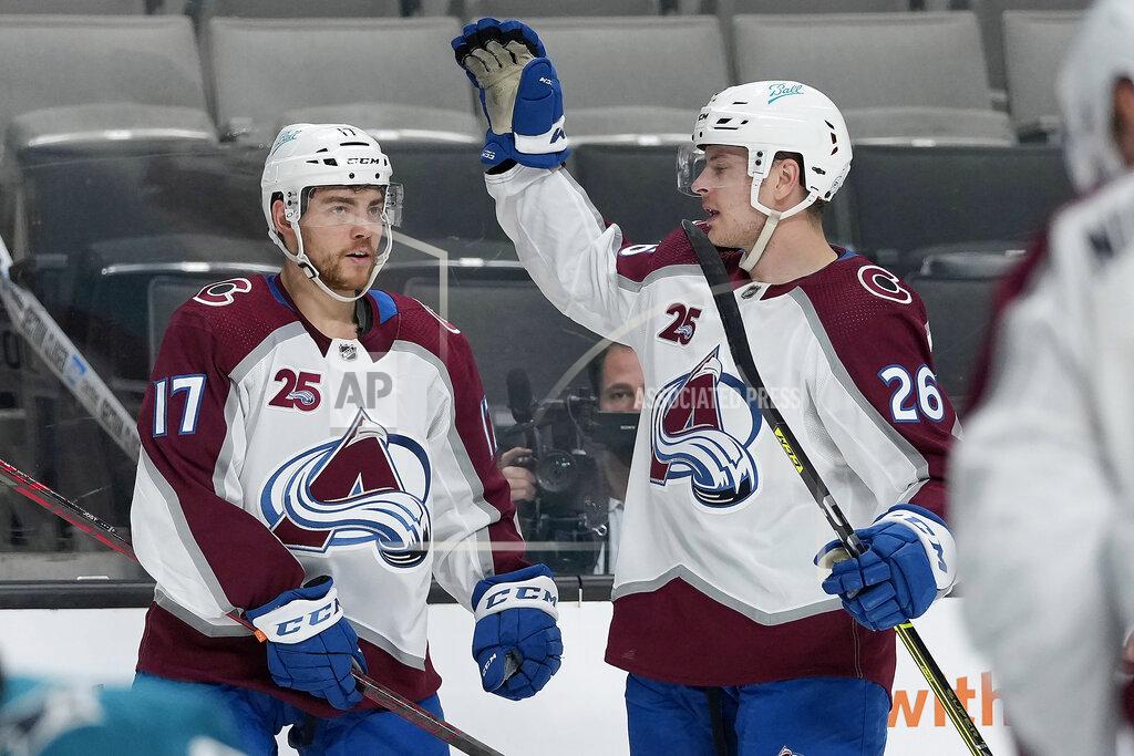 Tony Avelar Colorado Avalanche center Tyson Jost (17) is congratulated by teammate Jacob MacDonald (26) after scoring a goal against the San Jose Sharks during the second period of an NHL hockey game in San Jose, Calif., on Wednesday, May 5, 2021. (AP Photo/Tony Avelar)