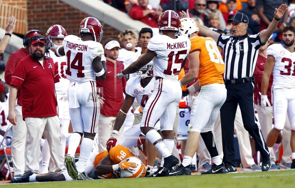 Wade Payne Tennessee wide receiver Josh Palmer (84) lays on the ground after being injured on a play in the first half of an NCAA college football game against Alabama Saturday, Oct. 20, 2018, in Knoxville, Tenn. (AP Photo/Wade Payne)