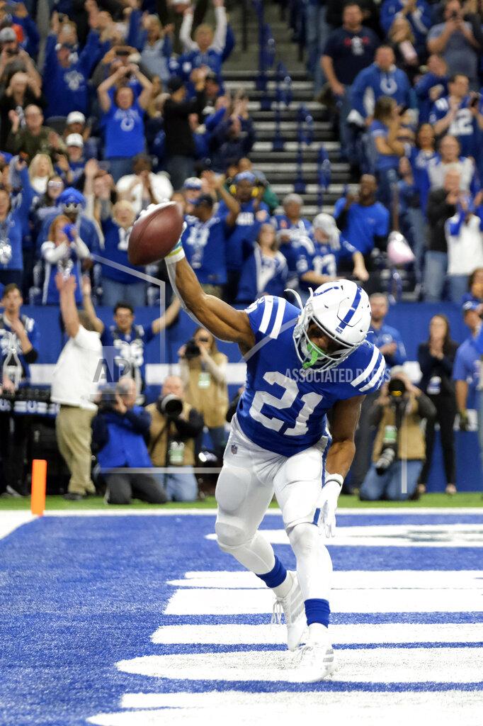 Aj Mast Indianapolis Colts' Nyheim Hines (21) celebrates a touchdown during the second half of an NFL football game against the Jacksonville Jaguars, Sunday, Nov. 17, 2019, in Indianapolis. (AP Photo/AJ Mast)