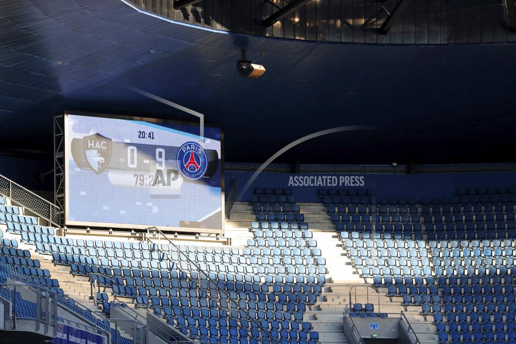 Thibault Camus The score board is pictured at the end of the friendly soccer match between Paris Saint Germain and Le Havre, in Le Havre, western France, Sunday, July 12, 2020. (AP Photo/Thibault Camus)