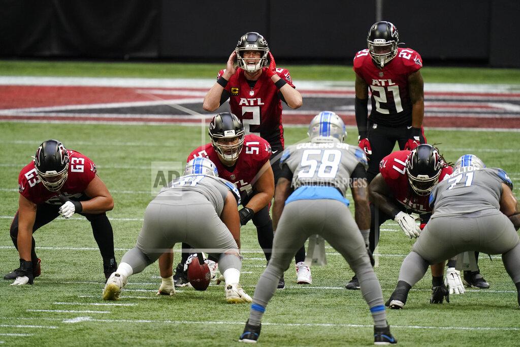 Brynn Anderson Atlanta Falcons quarterback Matt Ryan (2) calls a play from the line of scrimmage during the first half of an NFL football game against the Detroit Lions, Sunday, Oct. 25, 2020, in Atlanta. (AP Photo/Brynn Anderson)