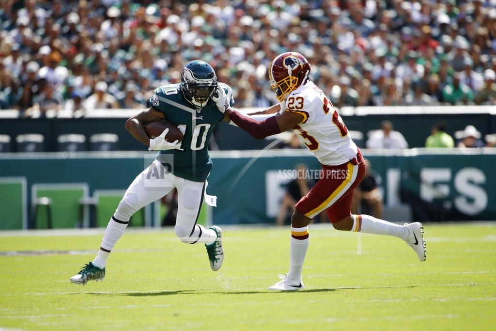 Matt Rourke Philadelphia Eagles' DeSean Jackson, left, tries to break free of Washington Redskins' Quinton Dunbar during the first half of an NFL football game, Sunday, Sept. 8, 2019, in Philadelphia. (AP Photo/Matt Rourke)