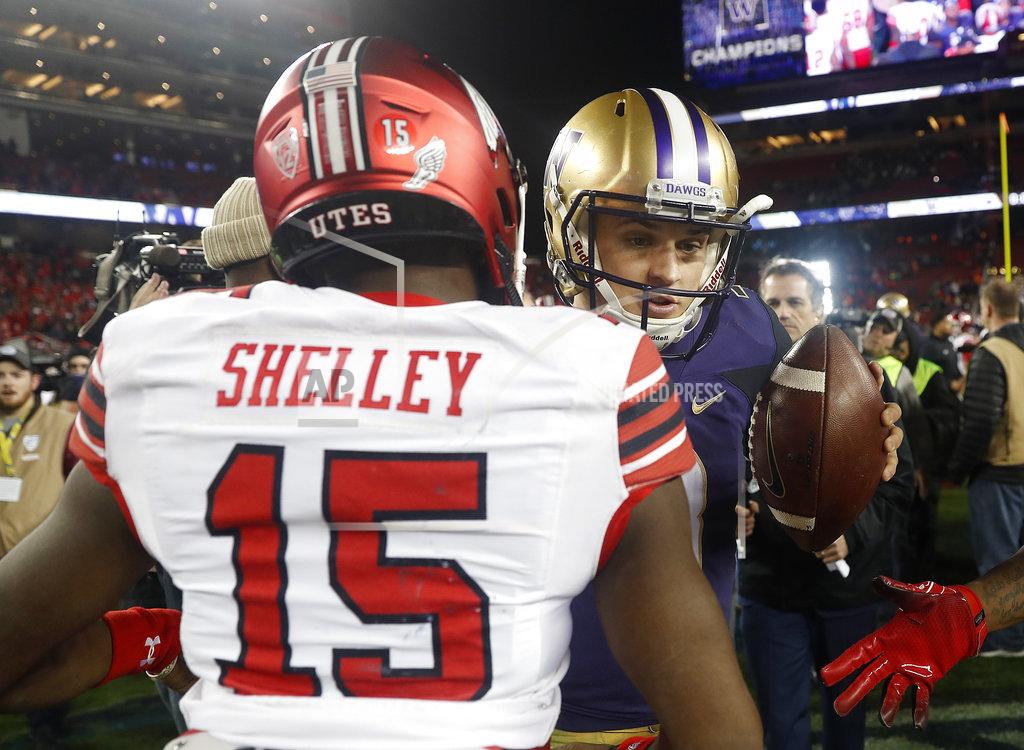 Tony Avelar Utah quarterback Jason Shelley (15) greets Washington quarterback Jake Browning after the Pac-12 Conference championship NCAA college football game in Santa Clara, Calif., Friday, Nov. 30, 2018. Washington won 10-3. (AP Photo/Tony Avelar)