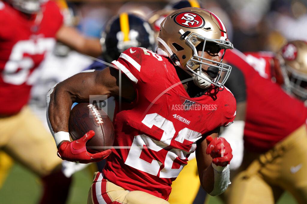 Tony Avelar San Francisco 49ers running back Matt Breida (22) runs against the Pittsburgh Steelers during the second half of an NFL football game in Santa Clara, Calif., Sunday, Sept. 22, 2019. (AP Photo/Tony Avelar)