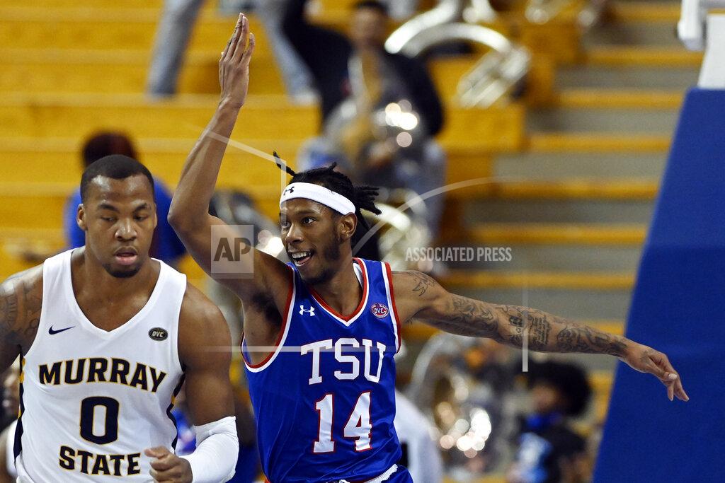 Mark Zaleski Tennessee State forward Shakem Johnson (14) celebrates after scoring against Murray State during the first half of an NCAA college basketball game Thursday, Feb. 10, 2022, in Nashville, Tenn. (AP Photo/Mark Zaleski)