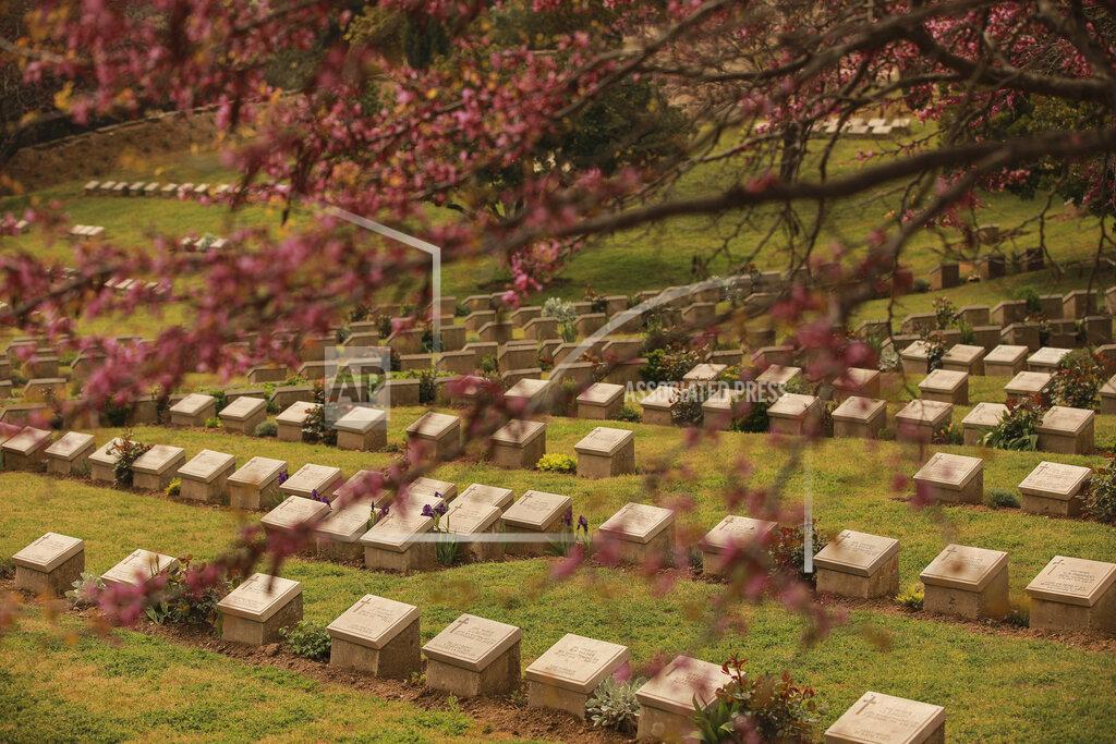 Emrah Gurel A view of the Shrapnel Valley cemetery in Canakkale, Turkey, Saturday, April 24, 2021, a day ahead of the 106th anniversary of the Gallipoli Campaign. The Gallipoli Campaign of 1915 by Allied forces aimed to take control of the peninsula to weaken the Ottoman Empire. The campaign failed and Allied forces withdrew after eight months of fighting on the ground and some 250,000 casualties on both sides. The memorials were kept small due to the COVID-19 pandemic.(AP Photo/Emrah Gurel)