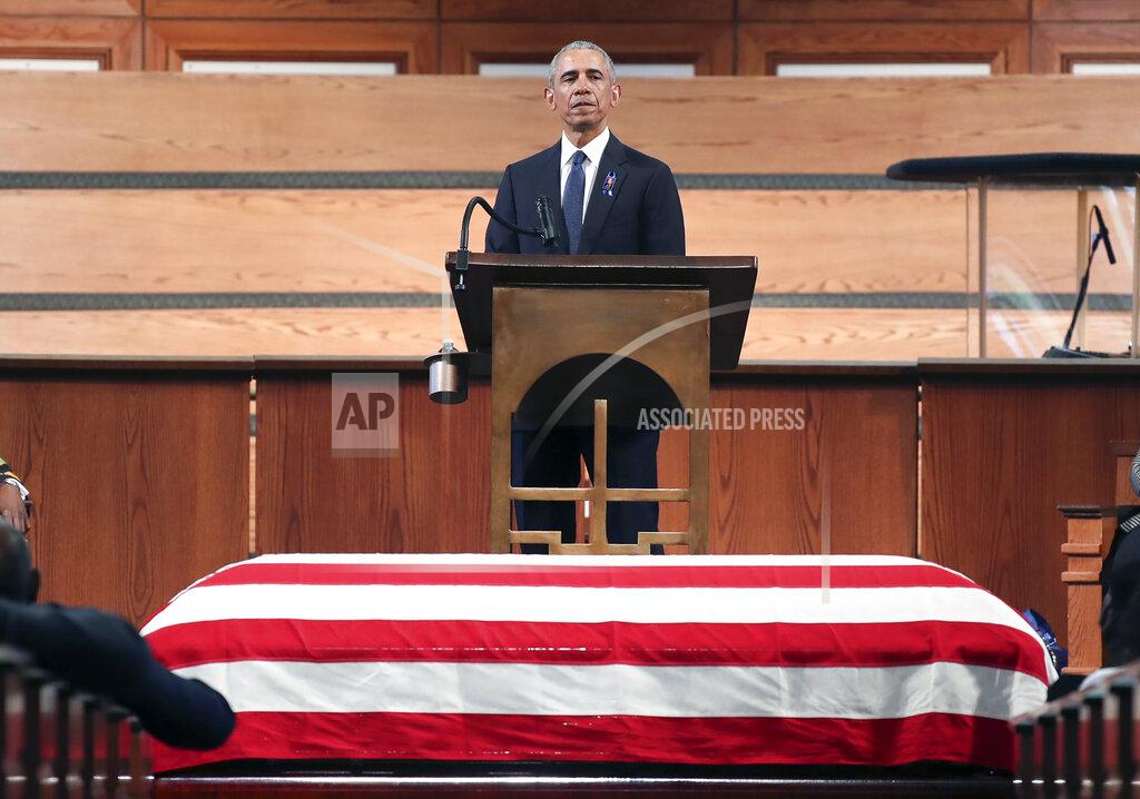Former President Barack Obama, addresses the service during the funeral for the late Rep. John Lewis, D-Ga., at Ebenezer Baptist Church in Atlanta, Thursday, July 30, 2020. (Alyssa Pointer/Atlanta Journal-Constitution via AP, Pool)