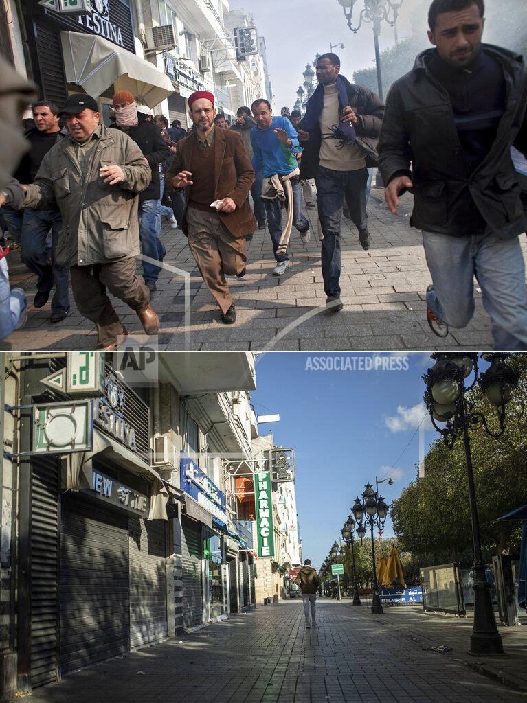 Uncredited A combo image showing protestors running away from tear gas during a demonstration against former Tunisian President Zine El Abidine Ben Ali in the center of Tunis, Monday, Jan. 17. 2011, top, and a man walking past closed shops in Tunis' landmark Avenue Habib Bourgiba, during a national lockdown after a surge in Covid-19 cases, in Tunis, Thursday, Jan. 14, 2021. Tunisia is commemorating the 10th anniversary since the flight into exile of its iron-fisted leader, Zine El Abidine Ben Ali, pushed from power in a popular revolt that foreshadowed the so-called Arab Spring. But there will be no festive celebrations Thursday marking the revolution in this North African nation, ordered into lockdown to contain the coronavirus. (AP Photo/Thibault Camus, Mosa'ab Elshamy)