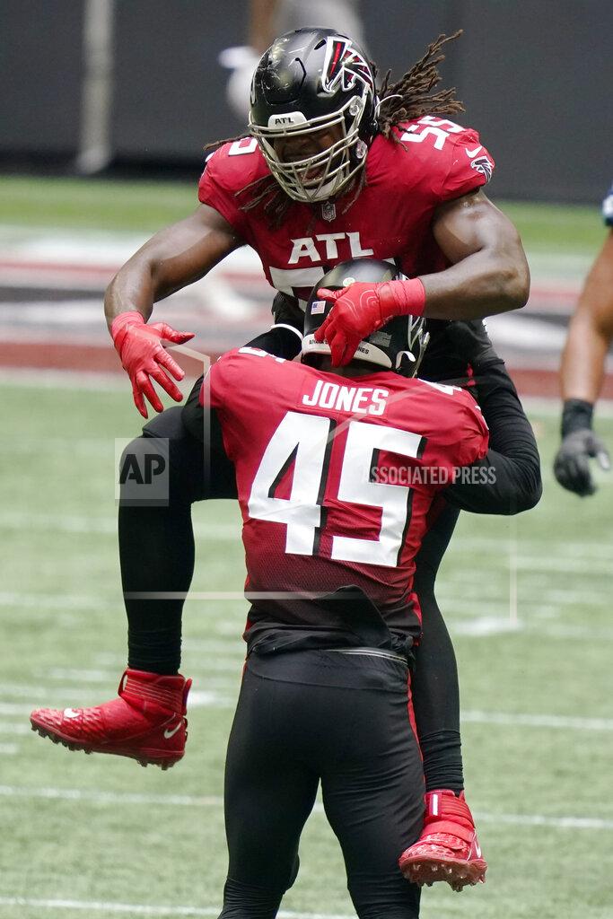 Brynn Anderson Atlanta Falcons defensive end Steven Means (55) celebrates the sack of Detroit Lions quarterback Matthew Stafford by Atlanta Falcons linebacker Deion Jones (45) during the second half of an NFL football game, Sunday, Oct. 25, 2020, in Atlanta. (AP Photo/Brynn Anderson)