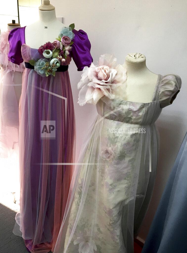 Ellen Mirojnick This handout image provided by Netflix shows costumes from the series "Bridgerton." Television producers Shonda Rhimes and Betsy Beers will be honored for their wardrobe efforts on projects like "Grey's Anatomy" and "Bridgerton" at the Costume Designers Guild Awards. (Ellen Mirojnick/Netflix via AP)