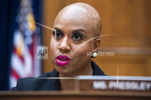 FILE - Rep. Ayanna Pressley, D-Mass., asks a question during hearing on Capitol Hill, Monday, Aug. 24, 2020, in Washington. Pressley is upset that her beloved Mariah Carey Christmas album has gone missing, but she needn't worry, she's getting a replacement copy courtesy of the five-time Grammy winner herself. (Tom Williams/Pool Photo via AP, File)