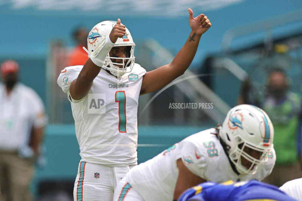 Margaret Bowles Miami Dolphins quarterback Tua Tagovailoa (1) audibles at the line of scrimmage during an NFL game against the Los Angeles Rams, Sunday, Nov. 1, 2020 in Miami Gardens, Fla. The Dolphins defeated the Rams 28-17. (Margaret Bowles via AP)