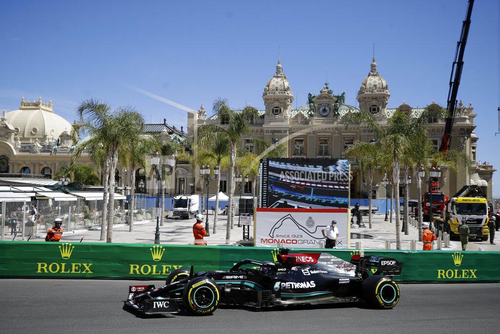 Luca Bruno Mercedes driver Lewis Hamilton of Britain steers his car during the second free practice for Sunday's Formula One race, at the Monaco racetrack, in Monaco, Thursday, May 20, 2021. (AP Photo/Luca Bruno)