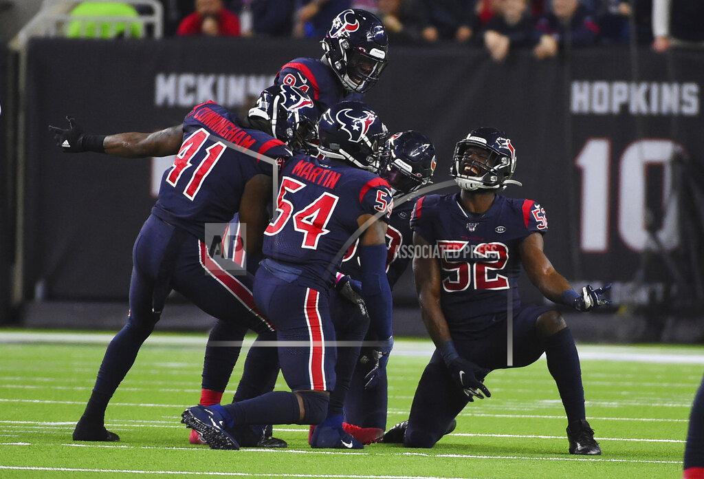 Eric Christian Smith Houston Texans outside linebacker Barkevious Mingo (52) celebrates a play with teammates during the first half of an NFL football game against the New England Patriots Sunday, Dec. 1, 2019, in Houston. (AP Photo/Eric Christian Smith)