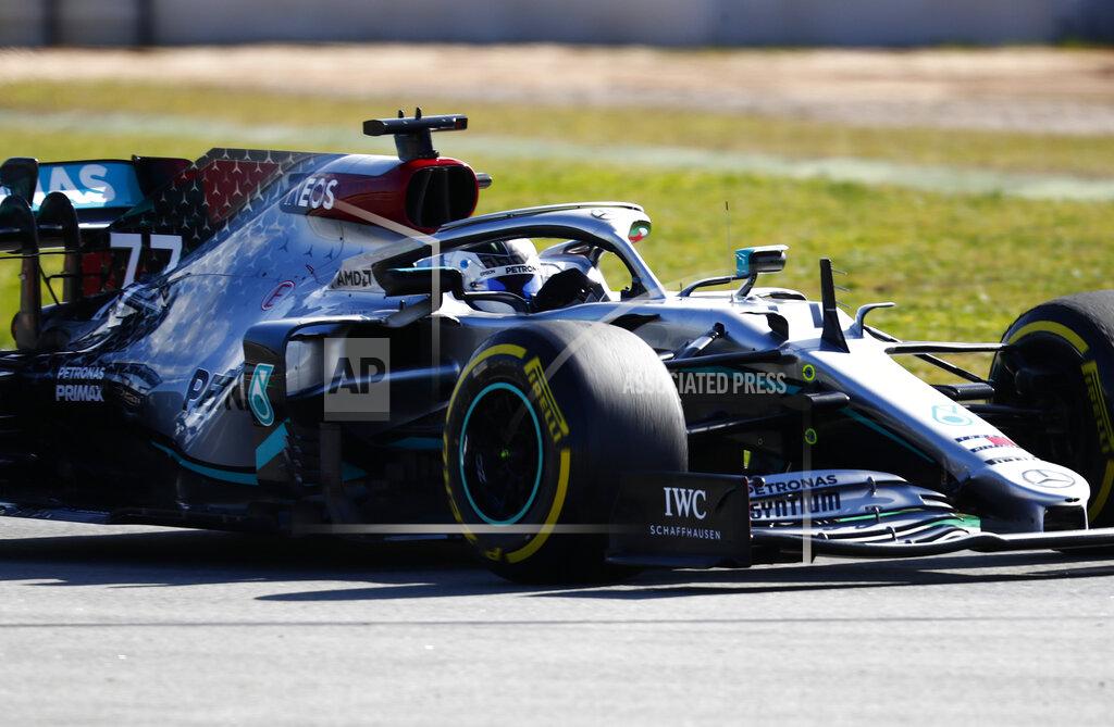 Joan Monfort Mercedes driver Valtteri Bottas of Finland steers his car during the Formula One pre-season testing session at the Barcelona Catalunya racetrack in Montmelo, outside Barcelona, Spain, Thursday, Feb. 27, 2020. (AP Photo/Joan Monfort)