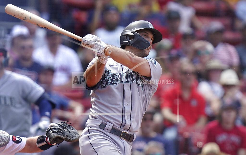 Steven Senne Seattle Mariners' Adam Frazier hits a two-run home run in the sixth inning of a baseball game against the Boston Red Sox, Sunday, May 22, 2022, in Boston. (AP Photo/Steven Senne)