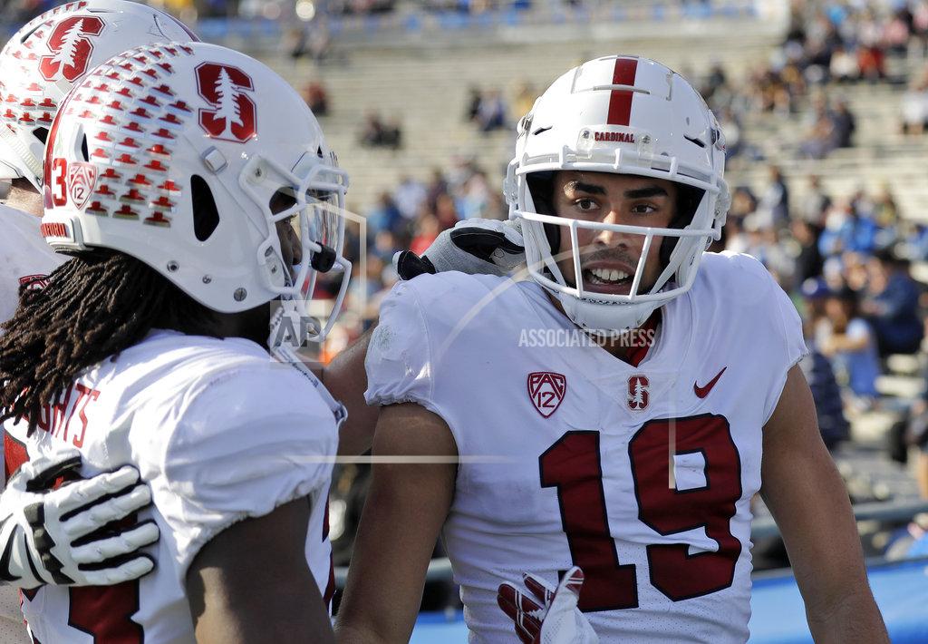 Marcio Jose Sanchez Stanford wide receiver JJ Arcega-Whiteside (19) celebrates his touchdown with teammates during the second half of an NCAA college football game against UCLA Saturday, Nov. 24, 2018, in Pasadena, Calif. (AP Photo/Marcio Jose Sanchez)