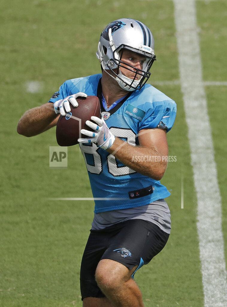 Chuck Burton Carolina Panthers' Grge Olsen catches a pass during practice at the NFL football team's training camp in Spartanburg, N.C., Friday, July 26, 2019. (AP Photo/Chuck Burton)