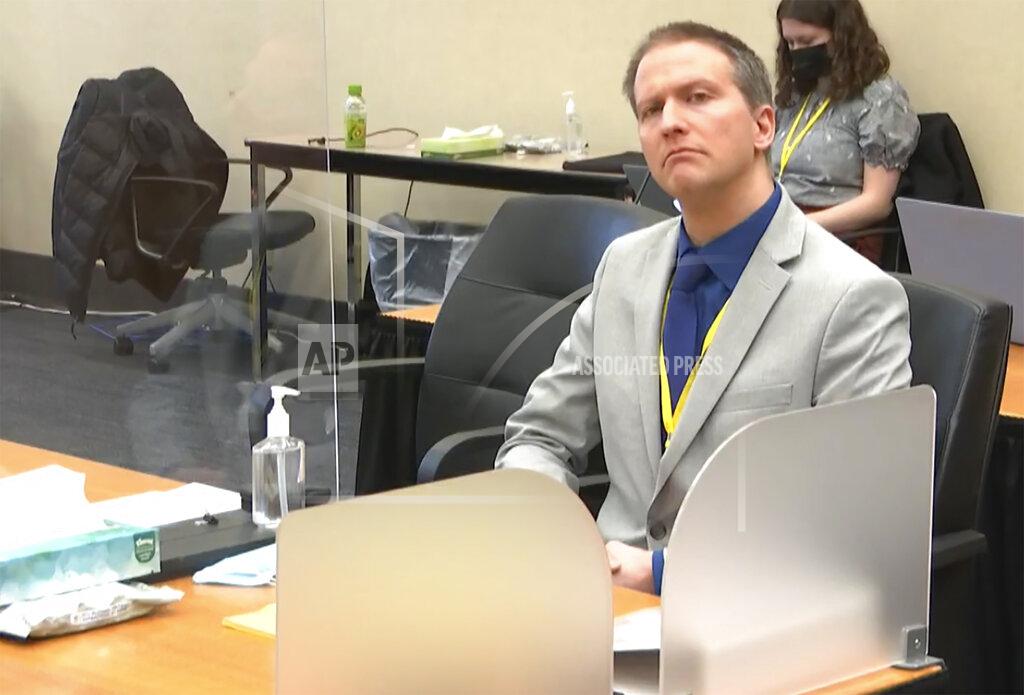 Uncredited In this image from video, former Minneapolis police Officer Derek Chauvin listens as his defense attorney Eric Nelson gives closing arguments as Hennepin County Judge Peter Cahill preside Monday, April 19, 2021, in the trial of Chauvin at the Hennepin County Courthouse in Minneapolis. Chauvin is charged in the May 25, 2020 death of George Floyd. (Court TV via AP, Pool)