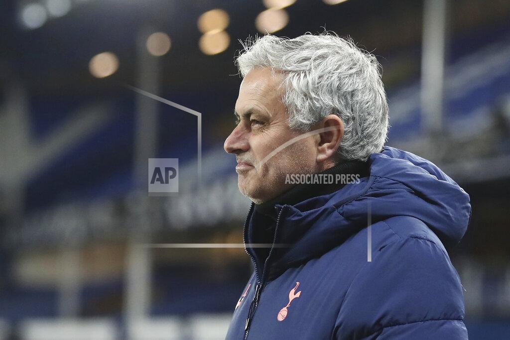 Martin Rickett Tottenham's manager Jose Mourinho gestures prior the English FA Cup 5th round soccer match between Everton and Tottenham Hotspur at Goodison Park, Liverpool, England, Wednesday, Feb. 10, 2021. (Martin Rickett/Pool via AP)