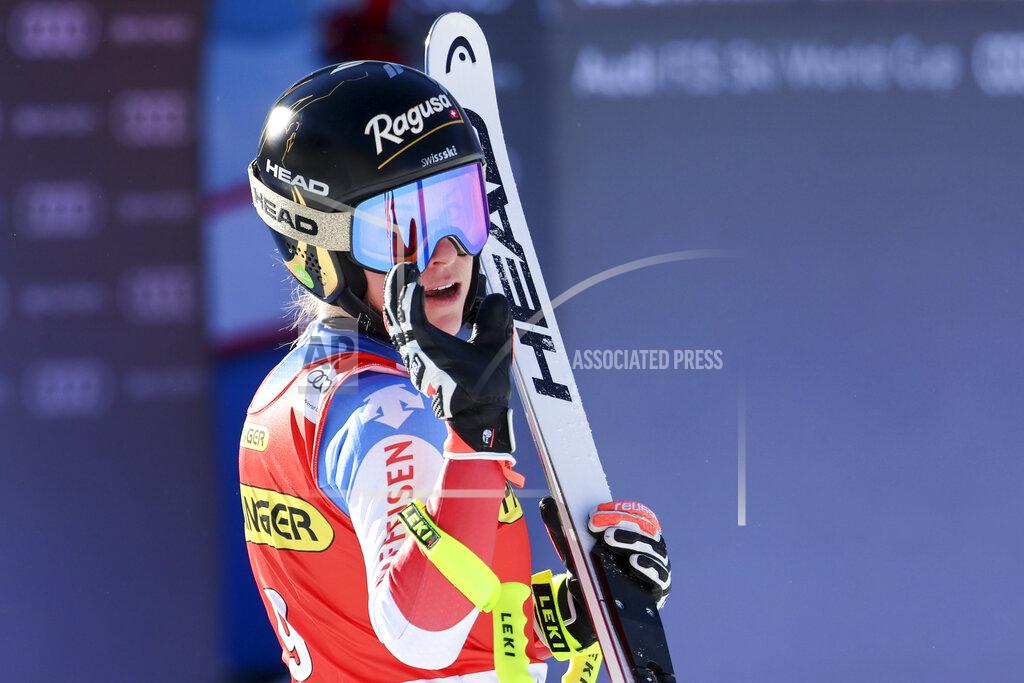 Marco Trovati Switzerland's Lara Gut Behrami crosses the finish line during an alpine ski, women's World Cup downhill race, in Zauchensee, Austria, Saturday, Jan. 15, 2022. (AP Photo/Marco Trovati)