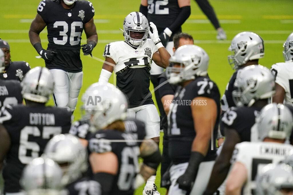 John Locher Las Vegas Raiders cornerback Amik Robertson (41) attends an NFL football training camp practice Friday, Aug. 28, 2020, in Las Vegas. (AP Photo/John Locher)