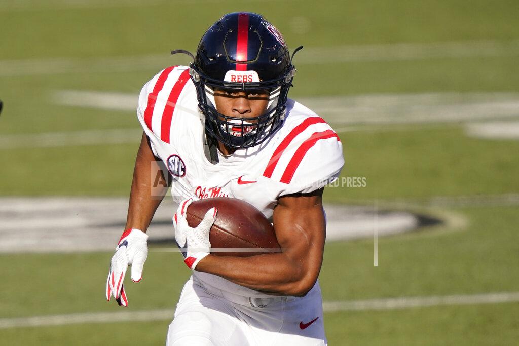 Mark Humphrey Mississippi running back Jerrion Ealy carries the ball against Vanderbilt in the second half of an NFL football game Saturday, Oct. 31, 2020, in Nashville, Tenn. The Steelers won 27-24. (AP Photo/Mark Humphrey)