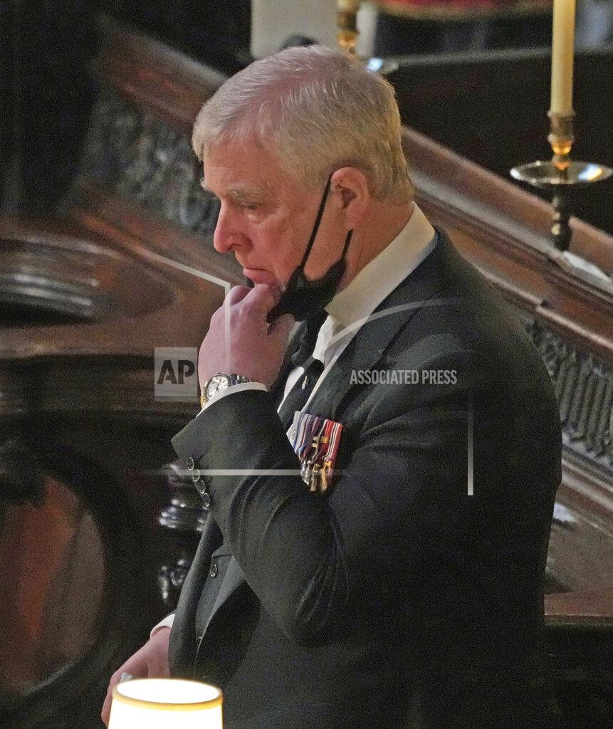 Yui Mok Britain's Prince Andrew inside St. George's Chapel during the funeral of his father, Prince Philip, at Windsor Castle, Windsor, England, Saturday April 17, 2021. Prince Philip died April 9 at the age of 99 after 73 years of marriage to Britain's Queen Elizabeth II. (Yui Mok/Pool via AP)