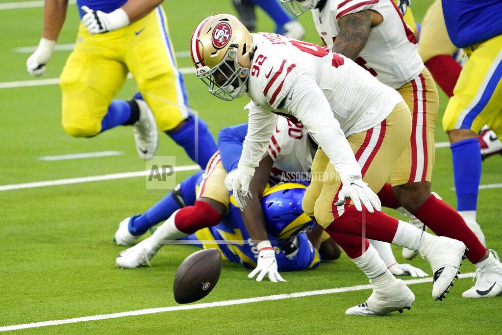 Alex Gallardo San Francisco 49ers defensive end Kerry Hyder (92) recovers a fumble by Los Angeles Rams quarterback Jared Goff during the first half of an NFL football game Sunday, Nov. 29, 2020, in Inglewood, Calif. (AP Photo/Alex Gallardo)