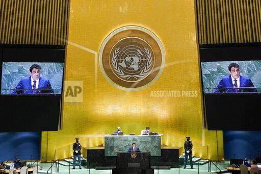 Libya's President Mohamed Younis Menfi addresses the 76th Session of the United Nations General Assembly, Thursday, Sept. 23, 2021 at U.N. headquarters. (AP Photo/Mary Altaffer, Pool)
