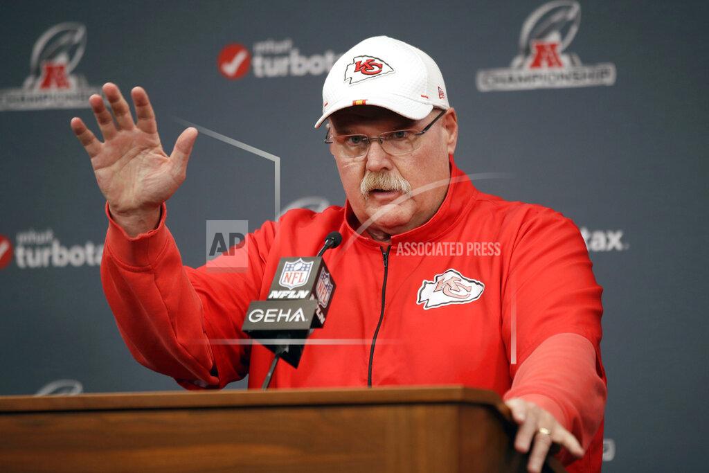 Kansas City Chiefs coach Andy Reid talks during a news conference for this weeks AFC conference championship NFL football game at Arrowhead Stadium in Kansas City, Mo., Wednesday, Jan. 15, 2020. (AP Photo/Orlin Wagner)