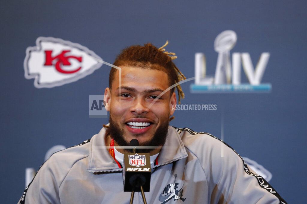 Brynn Anderson Kansas City Chiefs strong safety Tyrann Mathieu (32) speaks during a news conference on Thursday, Jan. 30, 2020, in Aventura, Fla., for the NFL Super Bowl 54 football game. (AP Photo/Brynn Anderson)