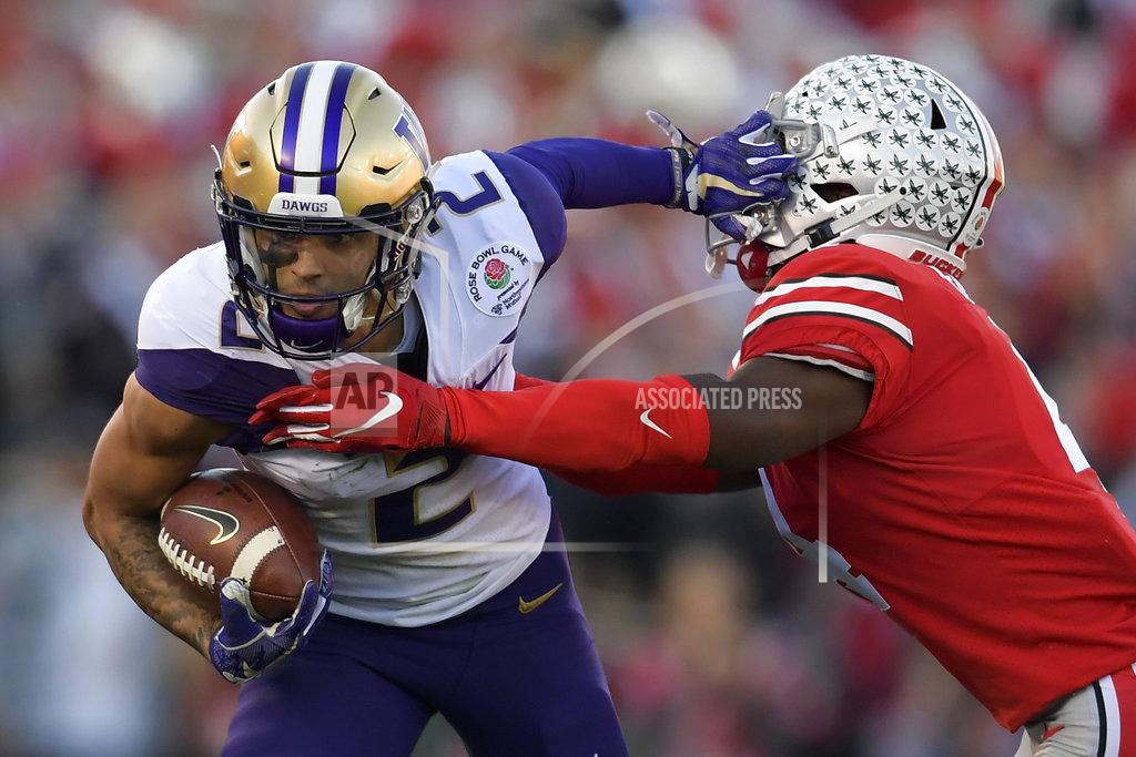 Mark J. Terrill Washington wide receiver Aaron Fuller, left, pushes away Ohio State safety Jordan Fuller during the first half of the Rose Bowl NCAA college football game Tuesday, Jan. 1, 2019, in Pasadena, Calif. (AP Photo/Mark J. Terrill)