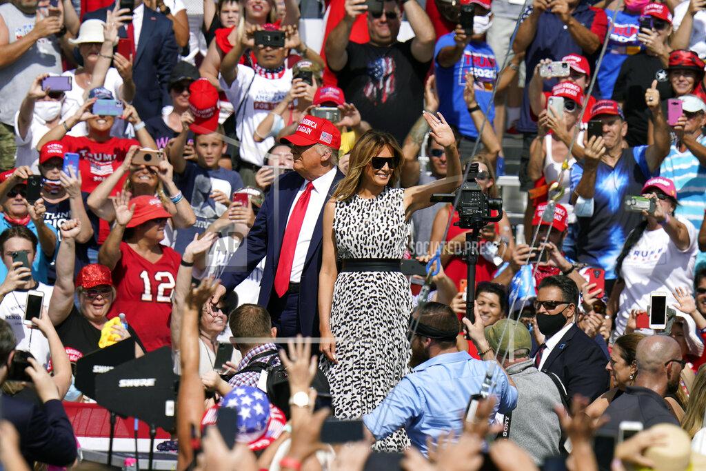 Chris O'meara President Donald Trump and first lady Melania Trump arrive for a campaign rally Thursday, Oct. 29, 2020, in Tampa, Fla. (AP Photo/Chris O'Meara)