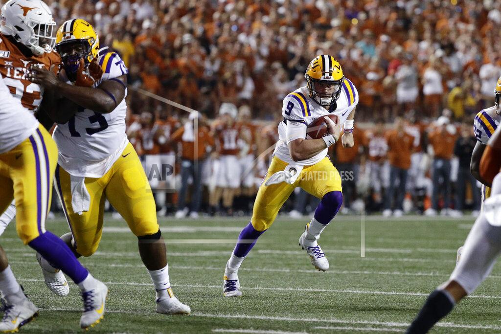 Eric Gay LSU quarterback Joe Burrow (9) runs against Texas during the first half of an NCAA college football game Saturday, Sept. 7, 2019, in Austin, Texas. (AP Photo/Eric Gay)