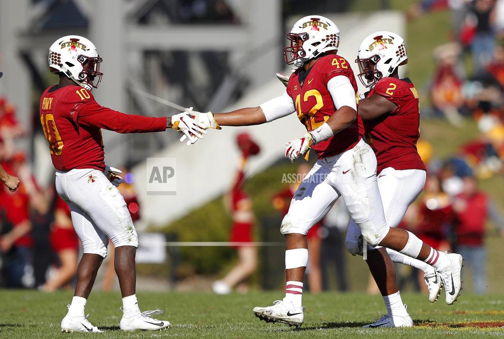 Charlie Neibergall Iowa State linebacker Marcel Spears Jr. (42) celebrates with teammate Brian Peavy (10) after intercepting a pass during the second half of an NCAA college football game against Texas Tech, Saturday, Oct. 27, 2018, in Ames, Iowa. (AP Photo/Charlie Neibergall)