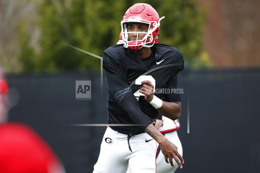 Joshua L. Jones Georgia quarterback Dwan Mathis (2) at an NCAA football spring practice in Athens, Ga., Tuesday, March 26, 2019. (Joshua L. Jones/Athens Banner-Herald via AP)
