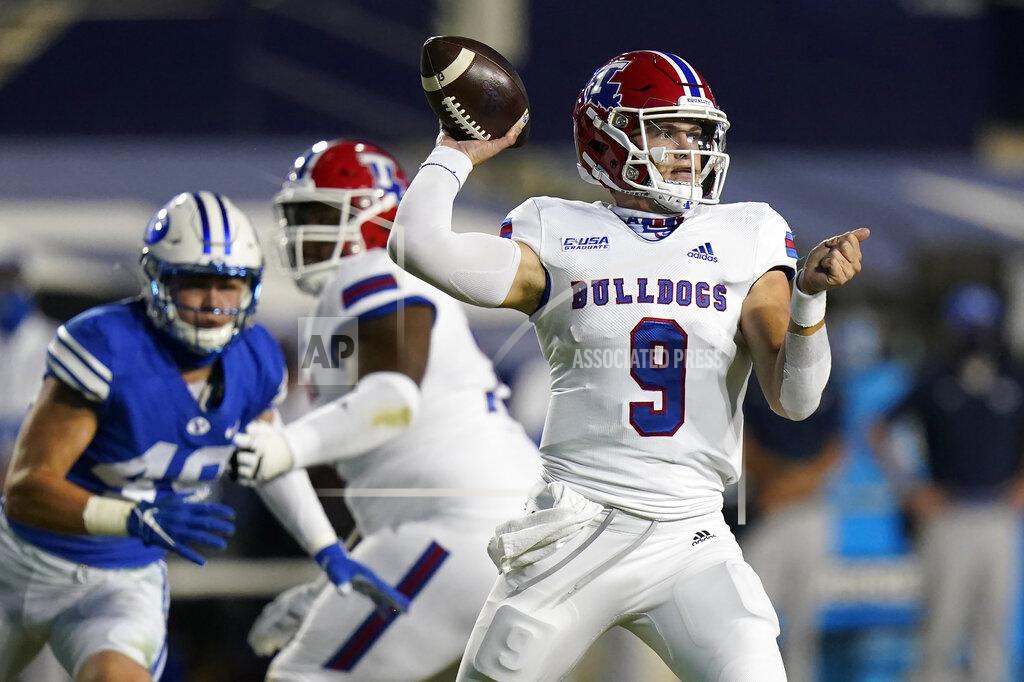Rick Bowmer Louisiana Tech quarterback Luke Anthony (9) throws a pass during the first half of the team's NCAA college football game against BYU on Friday, Oct. 2, 2020, in Provo, Utah. (AP Photo/Rick Bowmer, Pool)