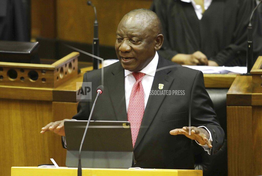 Esa Alexander South African President Cyril Ramaphosa delivers his fifth State of the Nation Address to a restricted parliament in Cape Town, South Africa, Thursday, Feb. 11, 2021. Prior to his address Ramaphosa lit a candle for the some 46,000 people who have died from COVID-19 in the country. (Esa Alexander/Pool via AP)