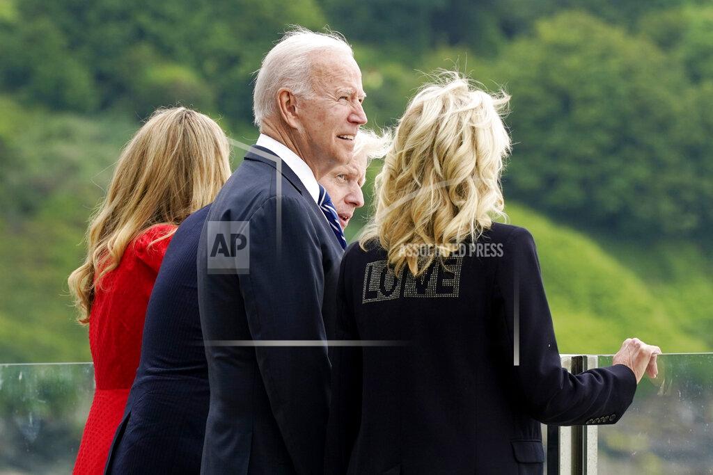 Patrick Semansky President Joe Biden and first lady Jill Biden are greeted and talk with British Prime Minister Boris Johnson and his wife Carrie Johnson, ahead of the G-7 summit, Thursday, June 10, 2021, in Carbis Bay, England. (AP Photo/Patrick Semansky)