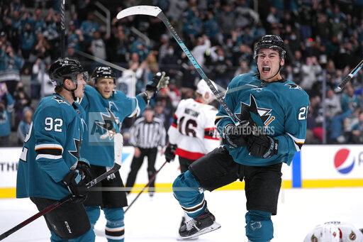 San Jose Sharks right wing Timo Meier (28) celebrates after scoring a goal against the Ottawa Senators during the third period of an NHL hockey game Wednesday, Nov. 24, 2021, in San Jose, Calif. (AP Photo/Tony Avelar)