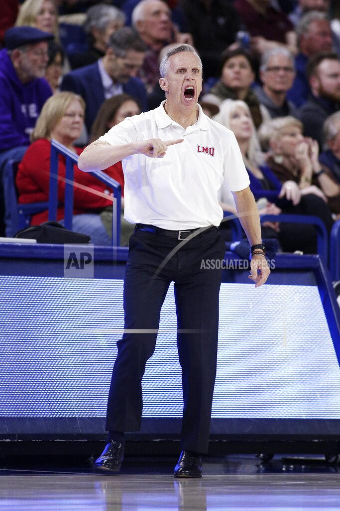 Young Kwak Loyola Marymount coach Mike Dunlap shouts to his players during the second half of an NCAA college basketball game against Gonzaga in Spokane, Wash., Thursday, Feb. 6, 2020. Gonzaga won 85-67. (AP Photo/Young Kwak)