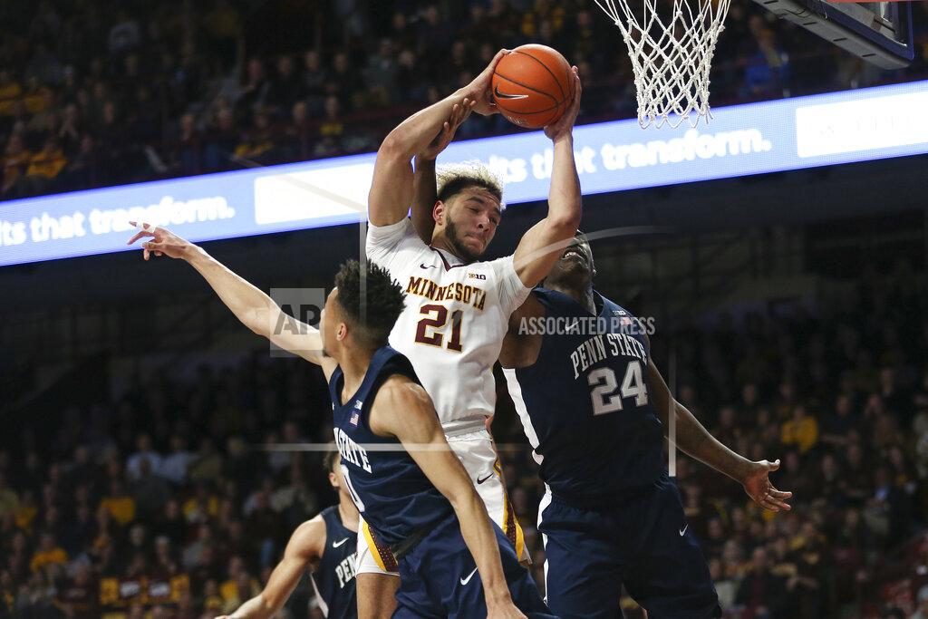 Stacy Bengs Minnesota's Jarvis Omersa goes up for a rebound against Penn State's Mike Watkins during an NCAA basketball game Wednesday, Jan. 15, 2020, in Minneapolis. (AP Photo/Stacy Bengs)
