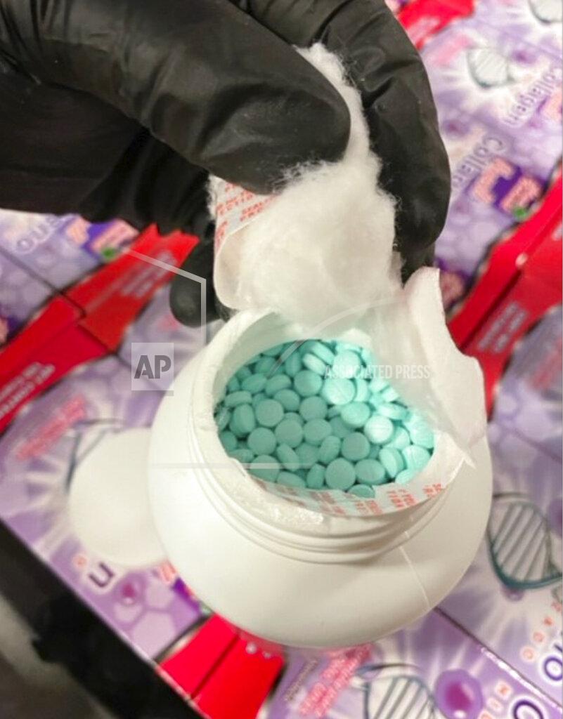 Uncredited This photo released by the Casa Grande Police Department, shows a collagen supplement bottle that concealed approximately 500,000 fentanyl pills that were found in an SUV pulled over for speeding on Interstate 10 in Pinal County, Arix., on Monday May 23, 2022. Two women, Martha Lopez, 31, and Tania Luna Solis, 30, were arrested Monday after about 500,000 fentanyl pills were found collagen supplement bottles in an SUV pulled over for speeding on Interstate 10 in Arizona, police said.(Casa Grande Police Department via AP)