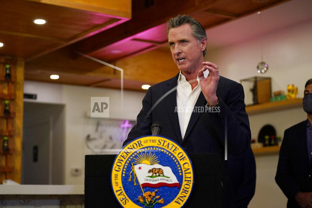 Marcio Jose Sanchez California Gov. Gavin Newsom speaks at Hanzo Sushi Thursday, April 29, 2021, in San Fernando, Calif. Businesses could be spared billions of dollars of higher taxes in coming years as a result of federal coronavirus relief funds flowing to the states. Newsom announced a budget plan this spring that would use $1.1 billion from the latest federal COVID-19 relief law to bolster a depleted unemployment compensation accounts. (AP Photo/Marcio Jose Sanchez, file)
