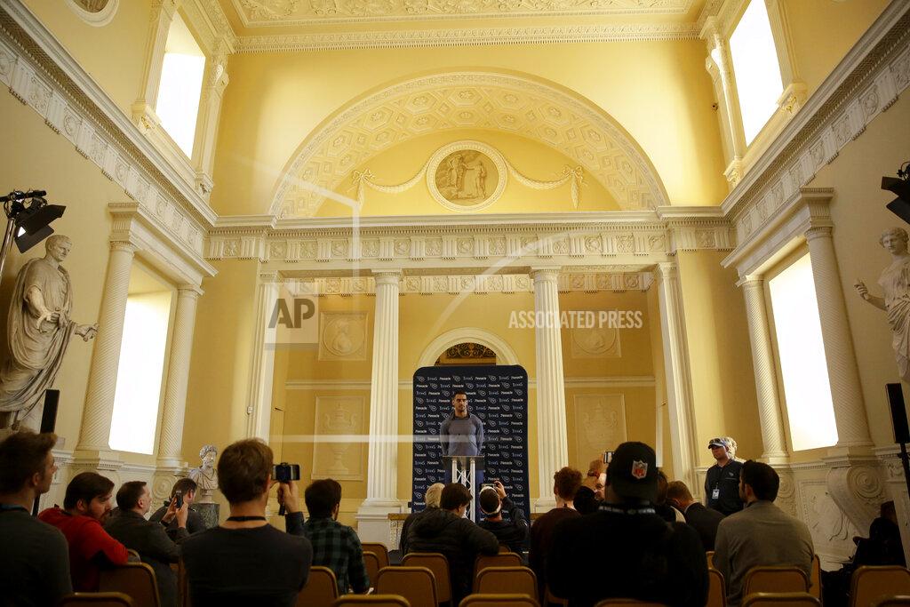Matt Dunham FILE - In this Oct. 19, 2018, file photo, Tennessee Titans quarterback Marcus Mariota gives a news conference after NFL football practice, at Syon House, in Syon Park, south west London. The Titans were preparing for a game against the Los Angeles Chargers in London. As the league celebrates its 100th season, it continues to expand its foreign footprint with five international games in 2019. Four are in London, including two at Wembley Stadium, and the league returns to Mexico. (AP Photo/Matt Dunham, File)