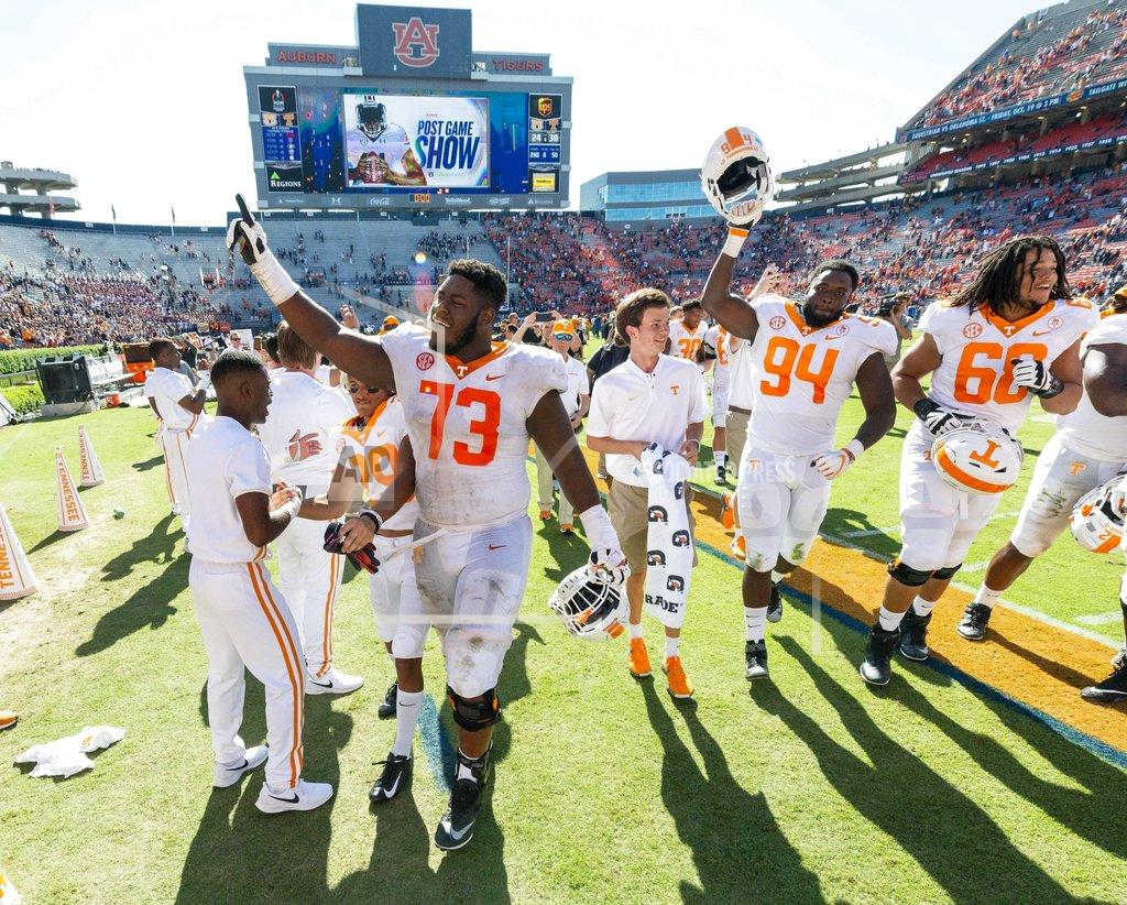 FILE - In this Oct. 13, 2018, file photo, Tennessee offensive lineman Trey Smith (73) celebrates after Tennessee beat Auburn 30-24 in an NCAA college football game in Auburn, Ala. Smith is out indefinitely after doctors discovered blood clots on his lungs. (AP Photo/Vasha Hunt, File)