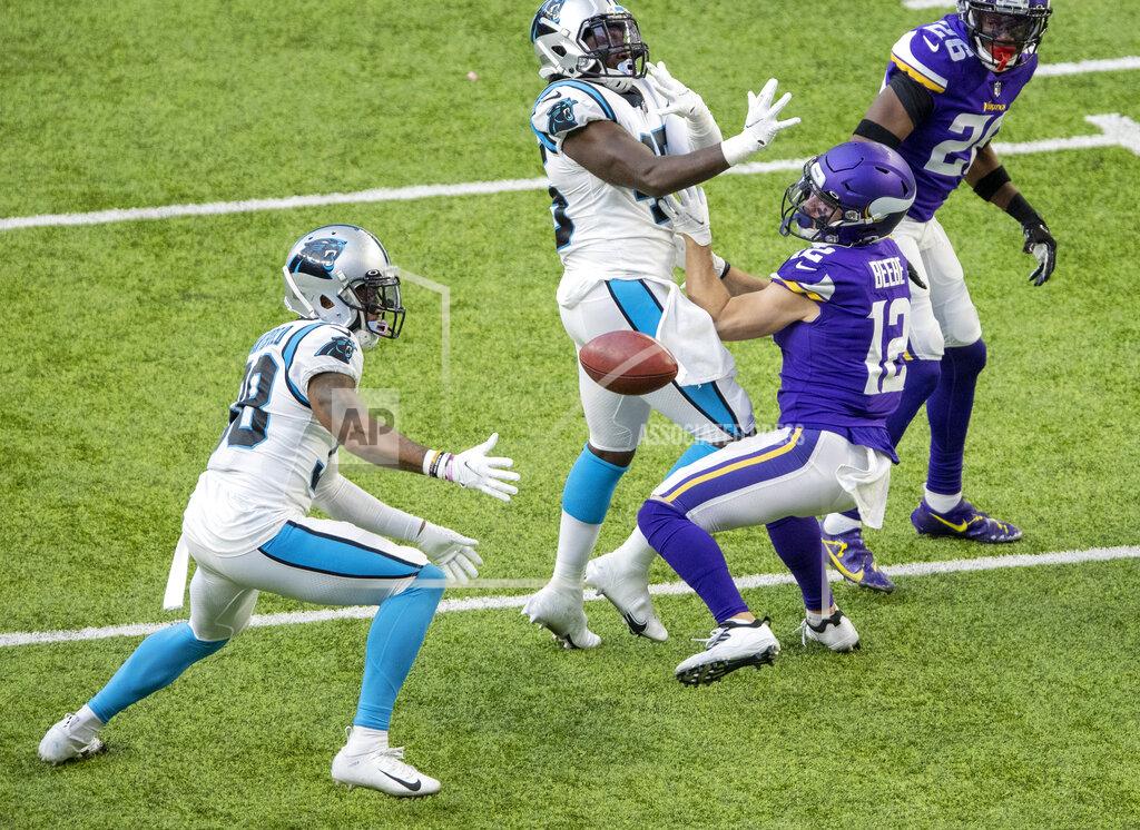 Carlos Gonzalez Minnesota Vikings punt returner Chad Beebe (12) muffs a punt which was recovered by the Carolina Panthers in the fourth quarter of an NFL football game in Minneapolis, Sunday, Nov. 29, 2020. (Carlos Gonzalez/Star Tribune via AP)